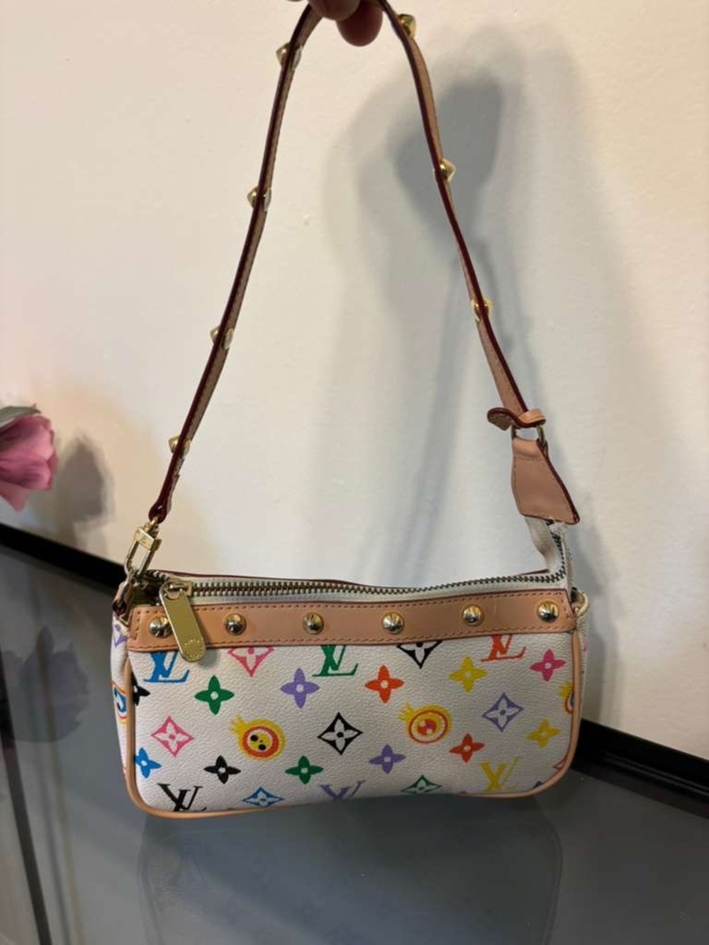 Louis Vuitton White Multicolor Monogram Shoulder Pochette with Tan Trim